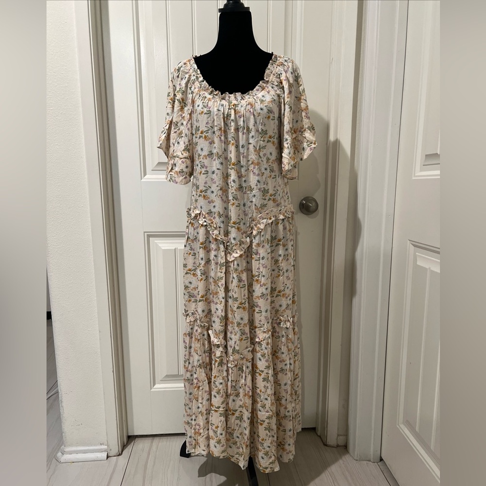 GiGiO Floral Print Smocked Short Bell’s sleeve Multicolor Tiered Maxi Dress